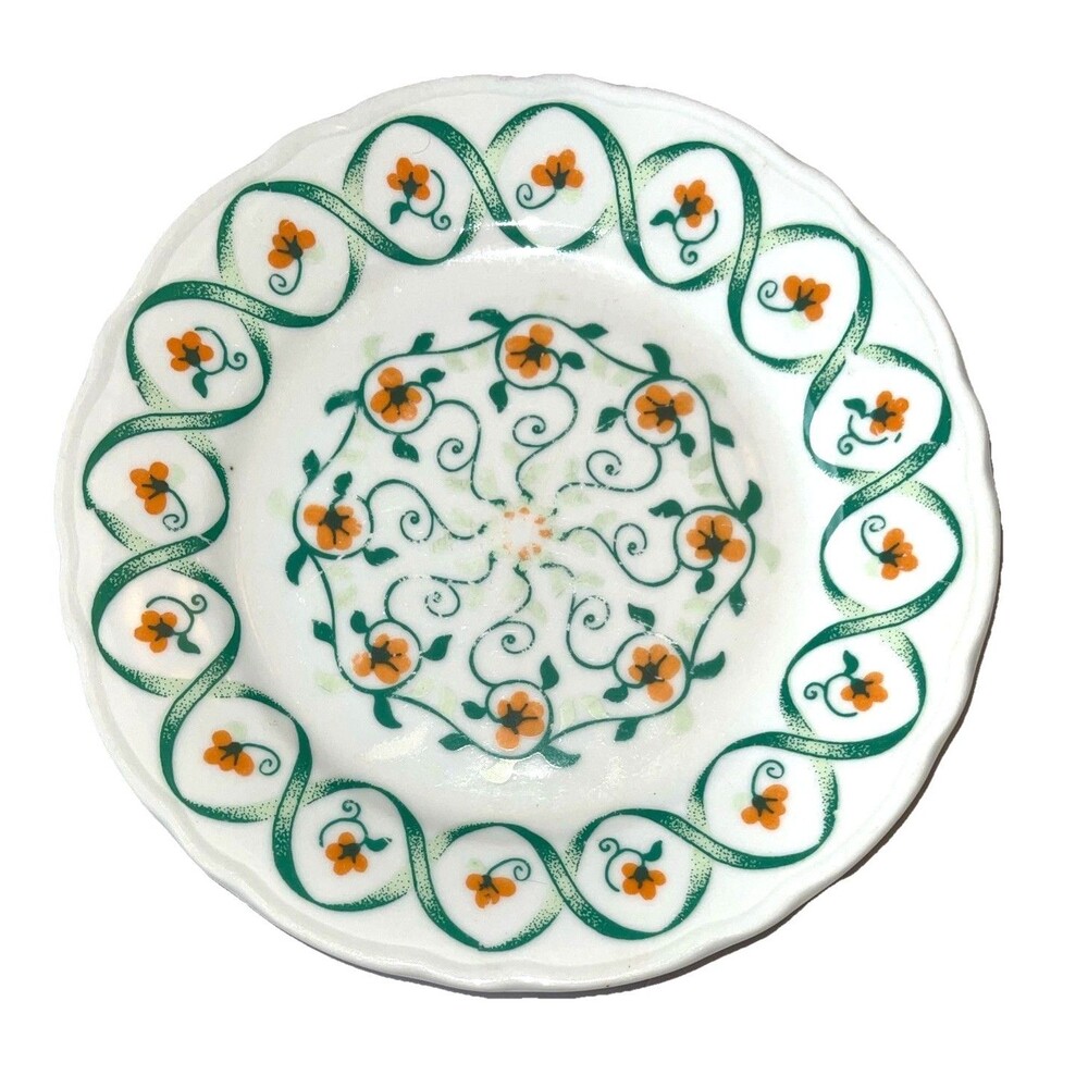 (2) Limoges Facon Peint A La Main Green/Orange Floral Pattern Salad Plate 7.75”